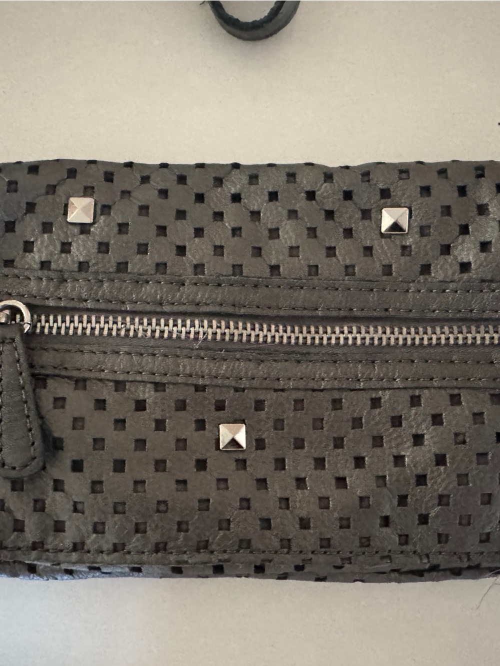 Linea Pelle Black Perforated Leather Crossbody/ Clutch with Silver Studs